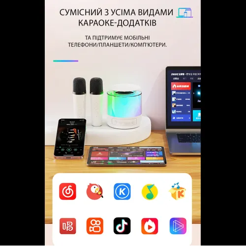 Портативная караоке-система K19 с 2 беспроводными микрофонами, Bluetooth 5.3, RGB LED-подсветка, USB/TF/AUX, 6 Вт, аккумулятор - фото 3