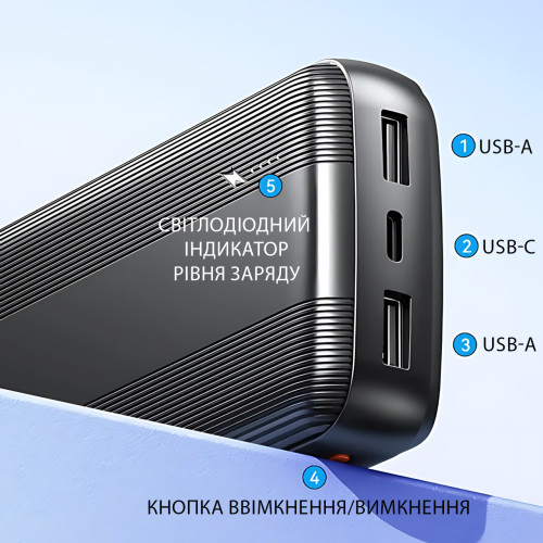 Повербанк AWEI P20K 10000 mAh 2.4 A, портативний акумулятор із 2 × USB, Type-C, LED-індикатор, чорний - фото 4
