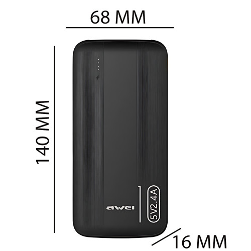 Повербанк AWEI P20K 10000 mAh 2.4 A, портативний акумулятор із 2 × USB, Type-C, LED-індикатор, чорний - фото 5