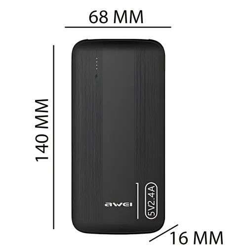 Повербанк AWEI P20K 10000mAh 2.4A, портативный аккумулятор с 2×USB, Type-C, LED-индикатор, черный - фото 8