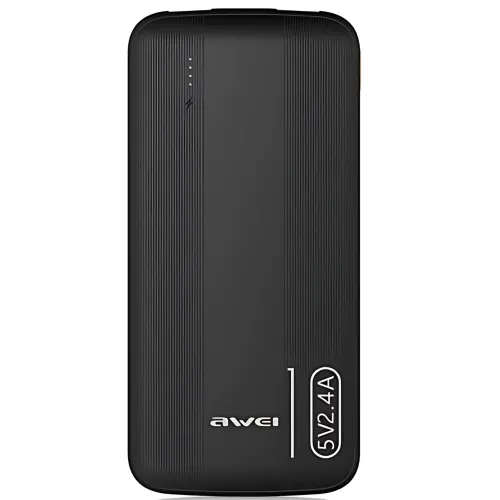 Повербанк AWEI P20K 10000mAh 2.4A, портативный аккумулятор с 2×USB, Type-C, LED-индикатор, черный - фото 3