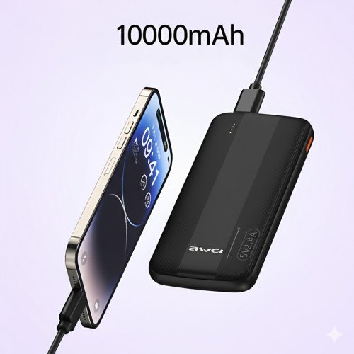 Повербанк AWEI P20K 10000 mAh 2.4 A, портативний акумулятор із 2 × USB, Type-C, LED-індикатор, чорний