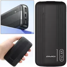 Повербанк AWEI P20K 10000 mAh 2.4 A, портативний акумулятор із 2 × USB, Type-C, LED-індикатор, чорний