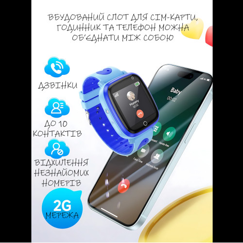 Детские смарт-часы HOCO Y100, GPS-трекер, SIM-звонки с часов, IPS 1.44″, сенсорный экран, 00 мАч, iOS / Android Голубой
