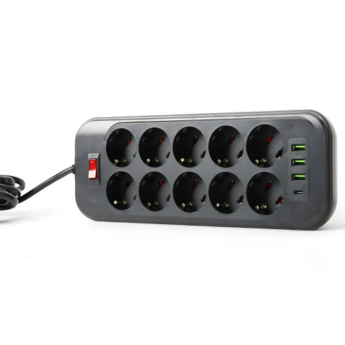 Сетевой фильтр - удлинитель 006 High Power 3250W / 3500W, 10 евро розеток + 4 USB (3×USB-A + USB-C PD 20W), быстрая зарядка QC - фото 3