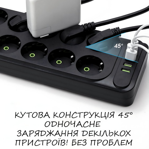 Сетевой фильтр - удлинитель 006 High Power 3250W / 3500W, 10 евро розеток + 4 USB (3×USB-A + USB-C PD 20W), быстрая зарядка QC - фото 7