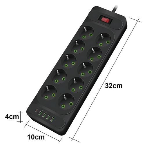 Сетевой фильтр - удлинитель 006 High Power 3250W / 3500W, 10 евро розеток + 4 USB (3×USB-A + USB-C PD 20W), быстрая зарядка QC - фото 8
