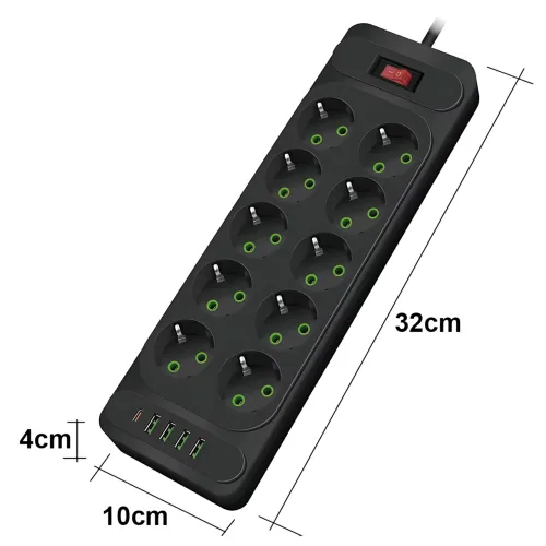 Мережевий фільтр — подовжувач 006 High Power 3250W/300W, 10 євро розеток + 4 USB (3 × USB-A + USB-C PD 20 W), швидке заряджання QC - фото 9