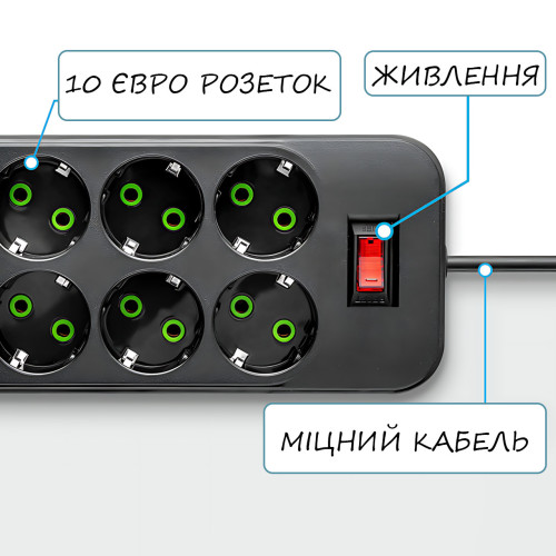 Сетевой фильтр - удлинитель 006 High Power 3250W / 3500W, 10 евро розеток + 4 USB (3×USB-A + USB-C PD 20W), быстрая зарядка QC - фото 9