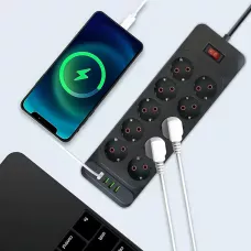 Сетевой фильтр - удлинитель 006 High Power 3250W / 3500W, 10 евро розеток + 4 USB (3×USB-A + USB-C PD 20W), быстрая зарядка QC