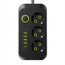 Мережевий фільтр подовжувач Power Socket F09U 2500 W 2 м, 3 розетки + 4 USB + Type-C, з вимикачем, захист від перевантаження