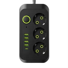 Сетевой фильтр удлинитель Power Socket F09U 2500W 2м, 3 розетки + 4 USB + Type-C, с выключателем, защита от перегрузки