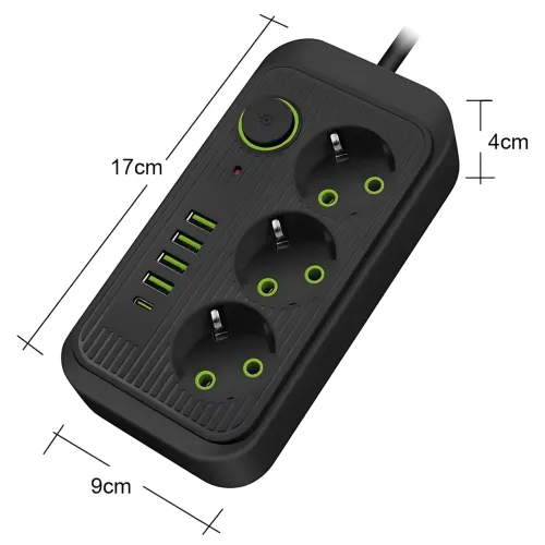 Мережевий фільтр подовжувач Power Socket F09U 2500 W 2 м, 3 розетки + 4 USB + Type-C, з вимикачем, захист від перевантаження - фото 10