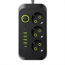 Сетевой фильтр удлинитель Power Socket F09U 2500W 2м, 3 розетки + 4 USB + Type-C, с выключателем, защита от перегрузки