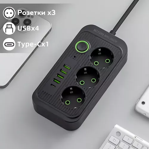 Сетевой фильтр удлинитель Power Socket F09U 2500W 2м, 3 розетки + 4 USB + Type-C, с выключателем, защита от перегрузки - фото 4