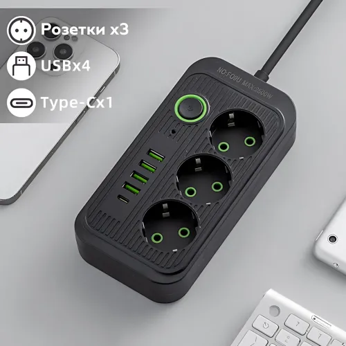 Сетевой фильтр удлинитель Power Socket F09U 2500W 2м, 3 розетки + 4 USB + Type-C, с выключателем, защита от перегрузки - фото 4