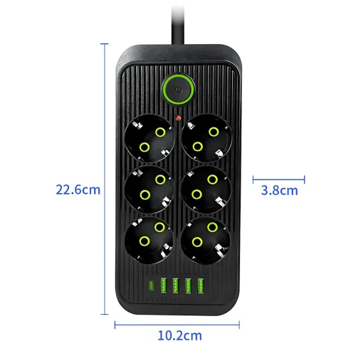 Мережевий фільтр Power Socket F06U 2500W, подовжувач 2 м, 6 розеток із заземленням, 4 × USB + Type-C, захист від перевантаження - фото 8