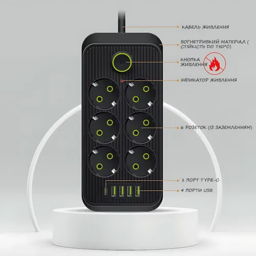 Сетевой фильтр Power Socket F06U 2500W, удлинитель 2 м, 6 розеток с заземлением, 4×USB + Type-C, защита от перегрузки, выключатель - фото 4