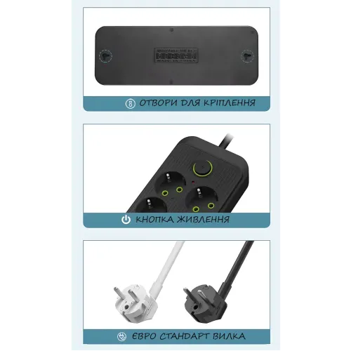 Сетевой фильтр Power Socket F06U 2500W, удлинитель 2 м, 6 розеток с заземлением, 4×USB + Type-C, защита от перегрузки, выключатель - фото 3