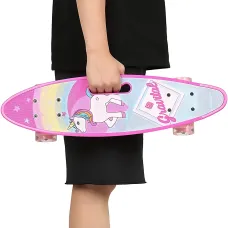 Скейтборд Penny Board 22 Aspink Единорог розовый со светящимися колесами и ручкой, детский пенни борд до 80 кг, ABEC-7, пластик