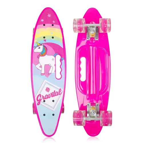 Скейтборд Penny Board 22 Aspink Єдиноріг рожевий з підсвіткою колес та ручкою, дитячий пінні борд до 80 кг, ABEC-7, пластик - фото 2