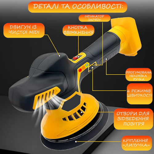 Аккумуляторная полировальная машинка 24W с насадками для полировки авто, 2 АКБ, зарядное устройство, набор полировочных дисков - фото 2