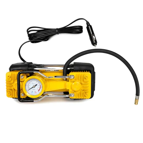 Автомобільний компресор двопоршневий 12 V YELLOW 2в1 у кейсі, 72 л/хв, від прикурювача, з манометром і набором інструментів