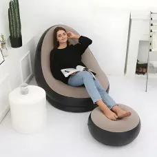 Надувне крісло велюрове з пуфом Inflatable Sofa AT-1591S, флоковане крісло-диван, до 100 кг, 100х100х73 см