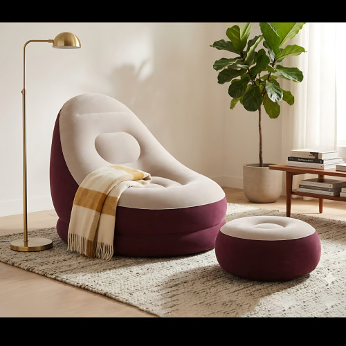 Надувное велюровое кресло с пуфиком Inflatable Sofa AT-2591S бордовое, флокированное кресло-диван до 100 кг, 116х98х83 см - фото 6