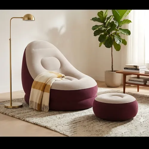 Надувне велюрове крісло з пуфиком Inflatable Sofa AT-2591S бордове, флоковане крісло-диван до 100 кг, 116х98х83 см - фото 5