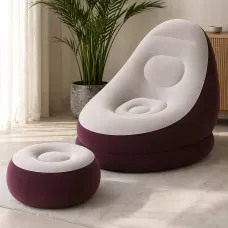 Надувне велюрове крісло з пуфиком Inflatable Sofa AT-2591S бордове, флоковане крісло-диван до 100 кг, 116х98х83 см