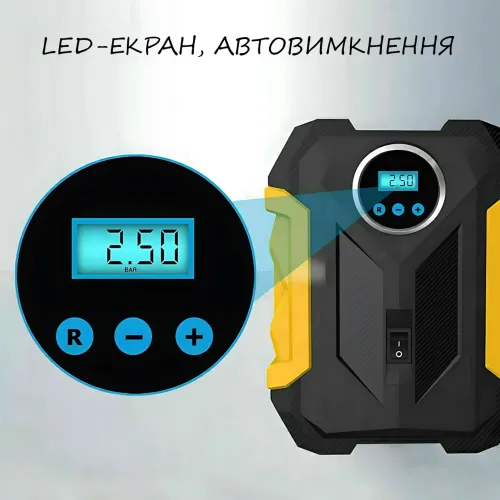 Автомобильный воздушный компрессор 12V, модель 3, 150 PSI, цифровой манометр, автоотключение, LED фонарь, 35 л/мин, насадки - фото 16