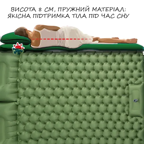 Надувний матрац туристичний двомісний із вбудованим ножним насосом і подушками, похідний водонепроникний каремат до 200 кг - фото 3