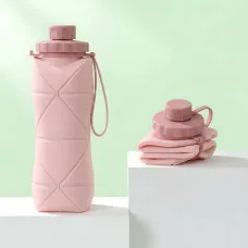 Складана силіконова пляшка для води з герметичною кришкою та петлею, спортивна фляга, 600 мл Рожевий