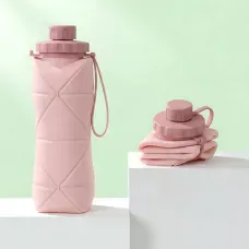 Складана силіконова пляшка для води з герметичною кришкою та петлею, спортивна фляга, 600 мл Рожевий