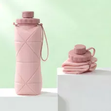 Складана силіконова пляшка для води з герметичною кришкою та петлею, спортивна фляга, 600 мл Рожевий