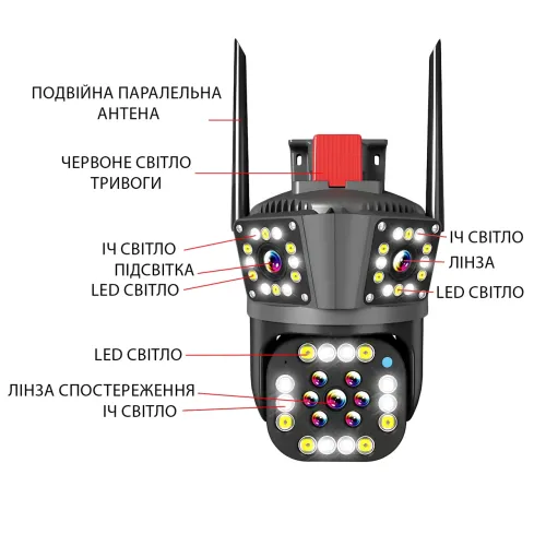 IP Wi-Fi камера відеоспостереження Jnice V380 Pro JE-481, 2 об'єктиви (подвійна камера), поворотна, кольорове нічне бачення, звук - фото 3