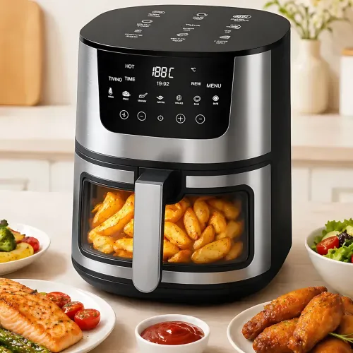 Мощная цифровая аэрофритюрница AIR FRYER (2400 Вт, 7 л) со смотровым окном, мультипечь без масла с антипригарным покрытием, черный - фото 3