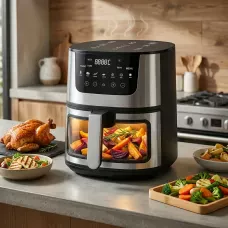 Мощная цифровая аэрофритюрница AIR FRYER (2400 Вт, 7 л) со смотровым окном, мультипечь без масла с антипригарным покрытием, черный