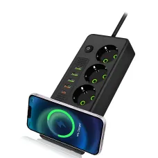 Мережевий фільтр-подовжувач із бездротовою зарядкою Qi, 3 розетки, 4 USB + Type-C, 3 метри, чорний
