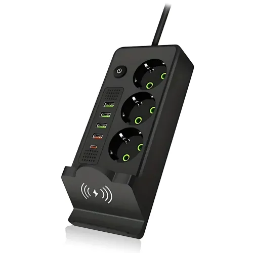 Сетевой фильтр-удлинитель с беспроводной зарядкой Qi, 3 розетки, 4 USB + Type-C, 3 метра, черный - фото 5