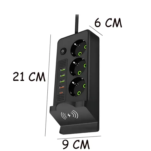 Сетевой фильтр-удлинитель с беспроводной зарядкой Qi, 3 розетки, 4 USB + Type-C, 3 метра, черный - фото 10