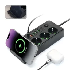 Мережевий фільтр-подовжувач із бездротовою зарядкою Qi, 3 розетки, 4 USB + Type-C, 3 метри, чорний
