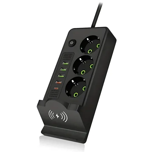Мережевий фільтр-подовжувач із бездротовою зарядкою Qi, 3 розетки, 4 USB + Type-C, 3 метри, чорний - фото 5