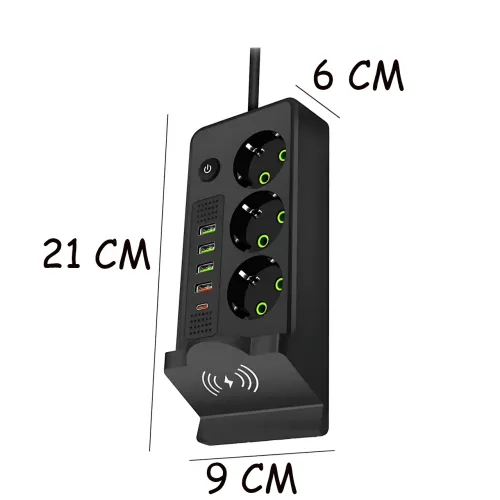 Мережевий фільтр-подовжувач із бездротовою зарядкою Qi, 3 розетки, 4 USB + Type-C, 3 метри, чорний - фото 10