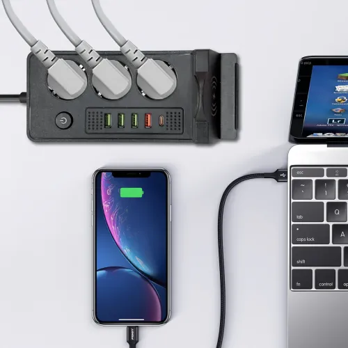 Мережевий фільтр-подовжувач із бездротовою зарядкою Qi, 3 розетки, 4 USB + Type-C, 3 метри, чорний - фото 7