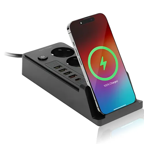 Мережевий фільтр-подовжувач із бездротовою зарядкою Qi, 3 розетки, 4 USB + Type-C, 3 метри, чорний - фото 2