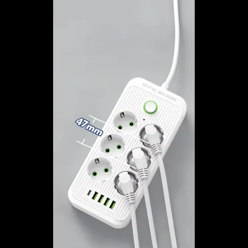 Сетевой фильтр-удлинитель 6 розеток + 4 USB + Type-C, 2 метра, мощный удлинитель с выключателем для дома и офиса, белый - фото 7