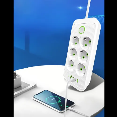 Сетевой фильтр-удлинитель 6 розеток + 4 USB + Type-C, 2 метра, мощный удлинитель с выключателем для дома и офиса, белый - фото 9