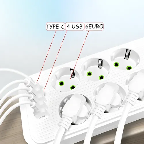 Сетевой фильтр-удлинитель 6 розеток + 4 USB + Type-C, 2 метра, мощный удлинитель с выключателем для дома и офиса, белый - фото 6